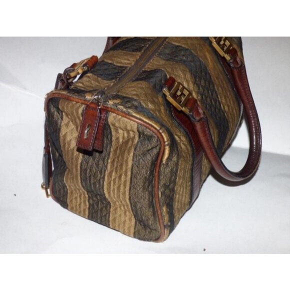 Fendi Pequin Brown Canvas and Leather Satchel Top Handle Key Quilted - Picture 7 of 12